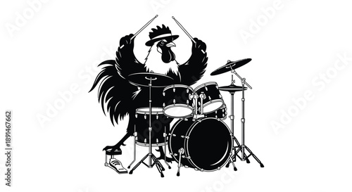 A stylized rooster plays the drums with a hat and drumsticks.