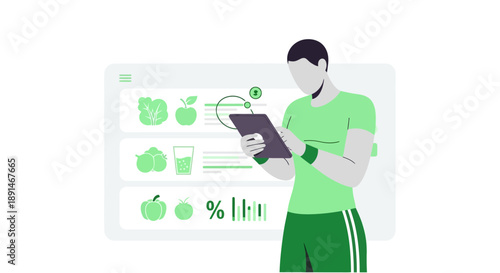 Fitness Tracker Man Analyzing Diet and Exercise Data on Tablet.