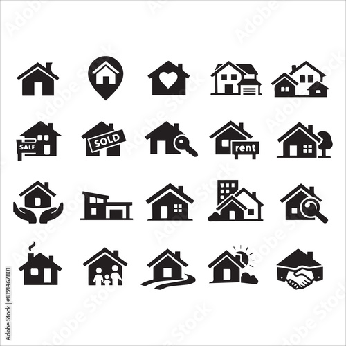 Vector set of house thin line icons. Collection home icons. House symbol. Set of real estate objects and houses line icons isolated on white background. Vector illustration. EPS 10