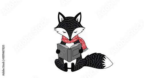 A charming fox wearing a scarf is engrossed in reading a book.