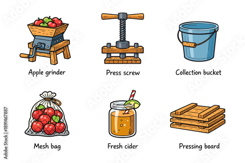 Cider making equipment icons: grinder, press, bucket, bag, cider jar, and pressing board
