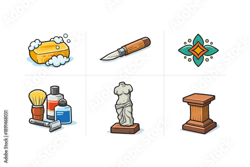 Eclectic collection: soap, knife, ornament, shaving kit, statue, pedestal in colorful style