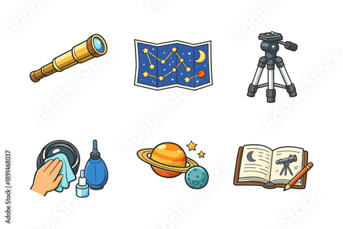 Astronomy tools and celestial exploration concepts in colorful cartoons