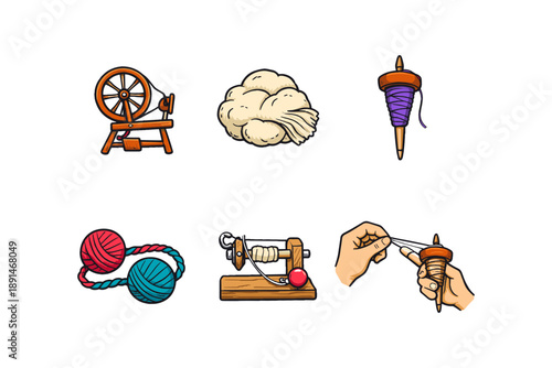 Colorful hand spinning icons: wool, yarn, and tools for knitting enthusiasts