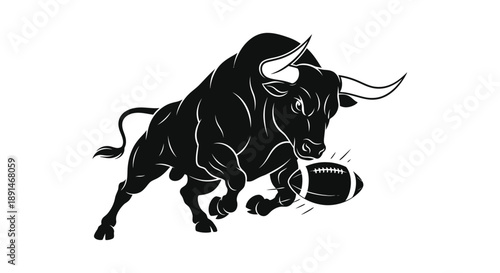 A powerful bull charges forward with a football, symbolizing sports and strength.