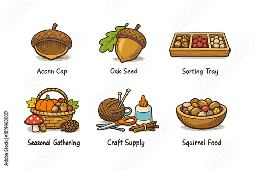 Whimsical autumn icons: acorns, craft supplies, and seasonal bounty for fall crafts
