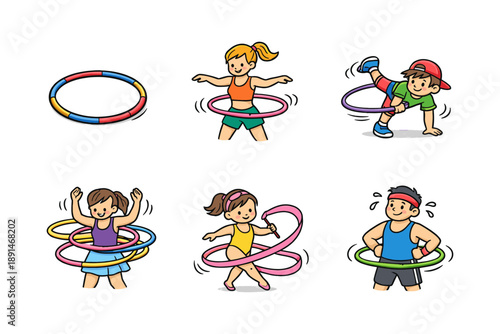 Colorful cartoon characters enjoying hula hooping activities for fitness fun