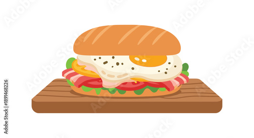 Delicious gourmet burger with fried egg, bacon, tomato and lettuce served on a rustic wooden cutting board.