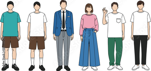 Diverse fashion styles on illustrated people, casual and formal outfits, modern clothing variety, character design, flat vector illustration