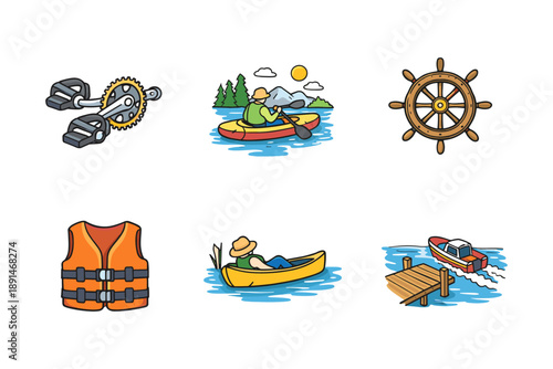 Water adventure and leisure activities in nature: kayaking, canoeing, boating, and fishing icons