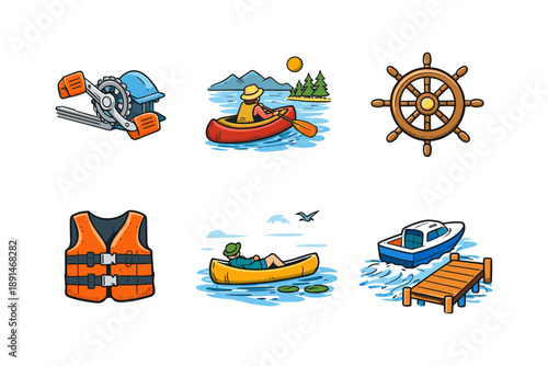 Cartoon outdoor adventure icons featuring boating and woodworking elements