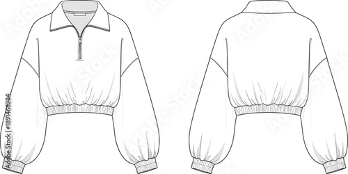 Cropped pullover technical sketch front and back, half-zip collar, balloon sleeves, ribbed hem, fashion design, flat vector illustration