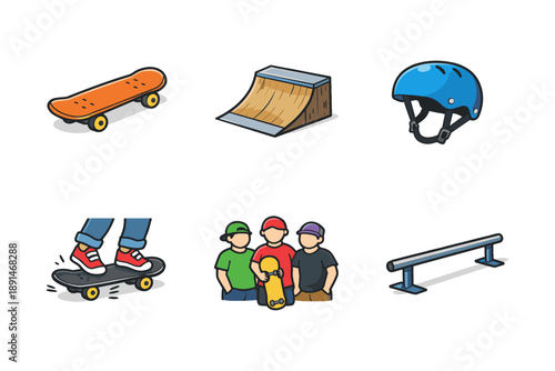 Dynamic skateboarding icons: colorful gear, ramps, and enthusiasts in a modern cartoon style