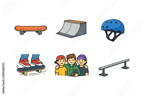 Skateboarding essentials and culture: cartoon style icons of ramps, helmets, and community