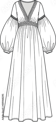 Elegant long dress with bishop sleeves, deep V-neck, fashion sketch, black and white silhouette, flat vector illustration