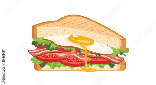 Mouthwatering breakfast sandwich with a runny fried egg, bacon, tomato and fresh greens between toasted bread.