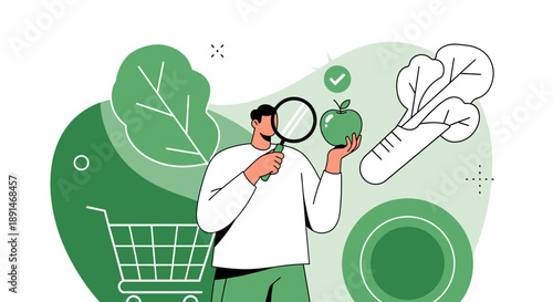 Man Inspecting Apple with Magnifying Glass for Quality Assurance.