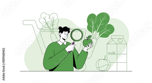 Man Inspecting Apple with Magnifying Glass in Grocery Cart.