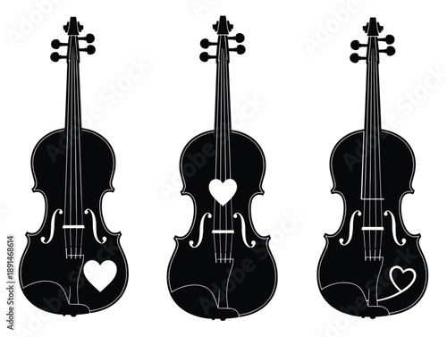 Three violins with heart designs, musical love concept, black and white silhouette, artistic expression, flat vector illustration