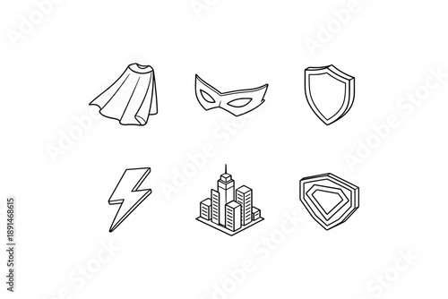 Minimalist superhero icons: cape, mask, shield, and more for creative designs
