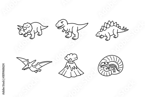 Dinosaur line art collection: t-rex, triceratops, stegosaurus, volcano, and fossils