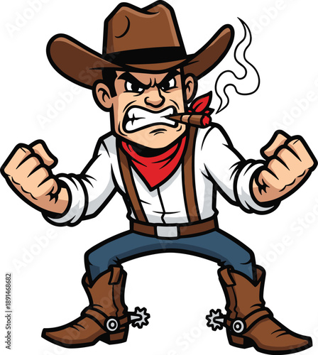 Angry cowboy cartoon character with cigar, clenched fists, western outfit, expressive pose, wild west theme, flat vector illustration