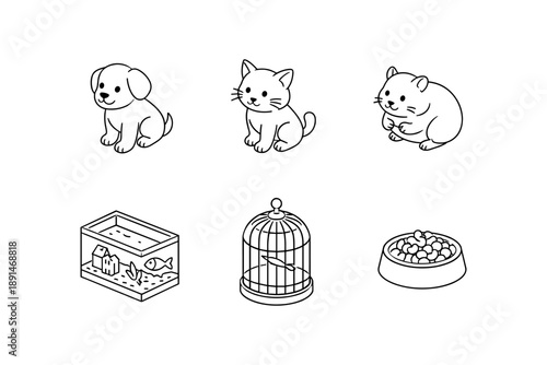 Simple line art of pets and accessories: dog, cat, fish tank, bird cage, food bowl