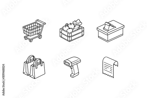 Minimalist shopping icons set featuring cart, produce, register, bags, scanner, receipt