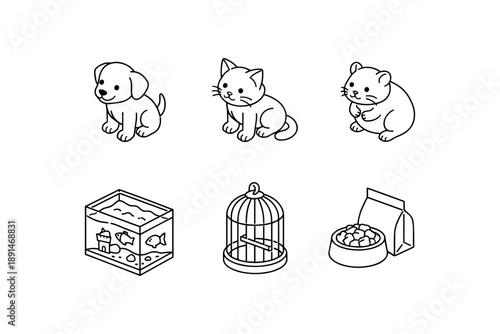 Simple pet icons: puppy, kitten, hamster, aquarium, birdcage, pet food