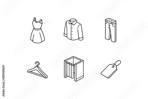 Isometric fashion icons set: dress, shirt, pants, hanger, fitting room, tag