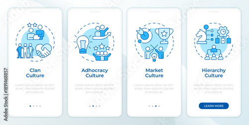 4 types of organizational culture blue onboarding mobile app screen. Walkthrough 4 steps editable graphic instructions with linear concepts. UI, UX, GUI. Montserrat SemiBold, Regular fonts used