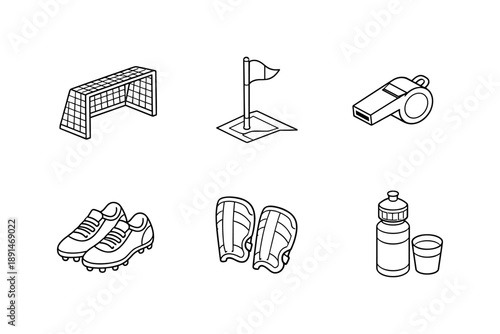 Linear icons of soccer equipment and accessories