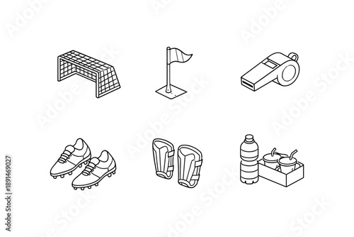 Soccer equipment icons set: isometric style for sports design