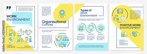 Corporate culture blue and yellow brochure layout. Organizational culture, time management. Leaflet advertising design with color line icons. Editable 4 pages. Questrial, Lato-Regular fonts used