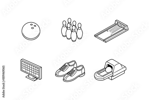 Bowling equipment icons set featuring isometric bowling alley elements