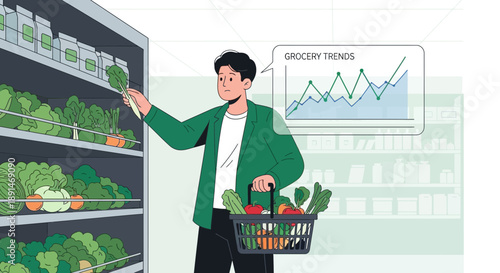 Man Shopping for Vegetables with Market Trend Analysis.