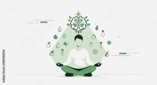 Meditating Person Surrounded by Healthy Food Icons for Mental Wellness.