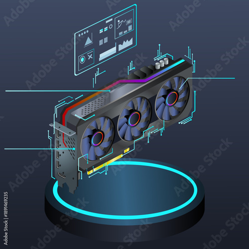 Futuristic Graphic Card with Holographic HUD Interface and Neon Display Stand
