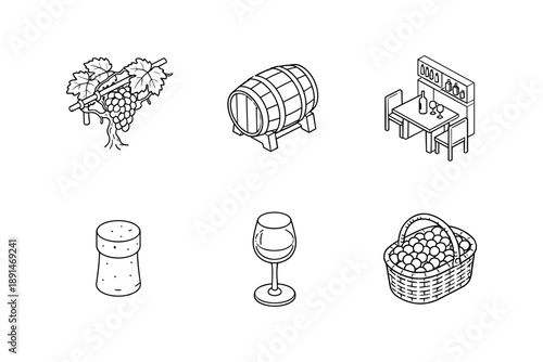 Wine production icons: grapes, barrel, vineyard table, cork, glass, basket in linear style