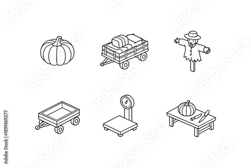 Isometric harvest elements: pumpkin, cart, scarecrow, scale, farming tools