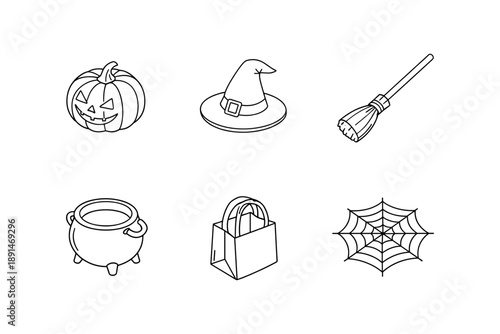 Minimalist halloween icons with pumpkin, witch hat, and cauldron in black and white