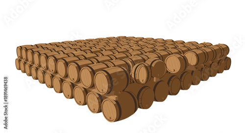 Large stack of traditional wooden wine barrels in a cellar, representing aging and artisanal beverage production.