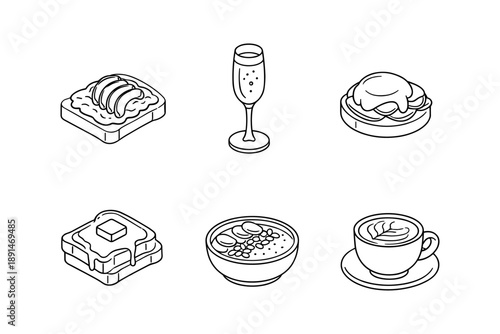 Breakfast delights: outline icons of popular morning dishes and drinks