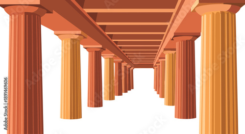 Classical architecture colonnade with orange and yellow pillars receding into perspective for an ancient look.