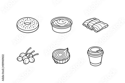 Minimalist food icons set with coffee, sushi, donut, sauce, onion and cherries