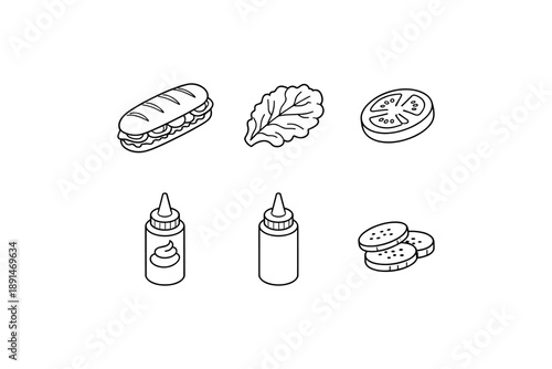 Minimalist sandwich ingredients in linear style for icon pack design