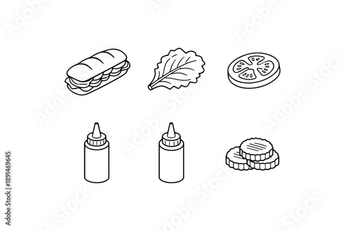 Line art icons of sandwich ingredients and condiments