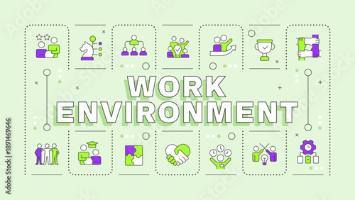 Work environment green word concept. Team leadership, employee wellbeing. Productive workplace. Typography banner. Vector illustration with title text, editable icons color. Hubot Sans font used