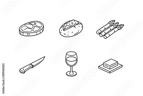 Minimalist line art of culinary ingredients and kitchenware icons