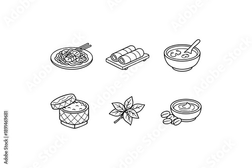 Outline icons of asian cuisine dishes: sushi, ramen, pho, spring rolls, and more